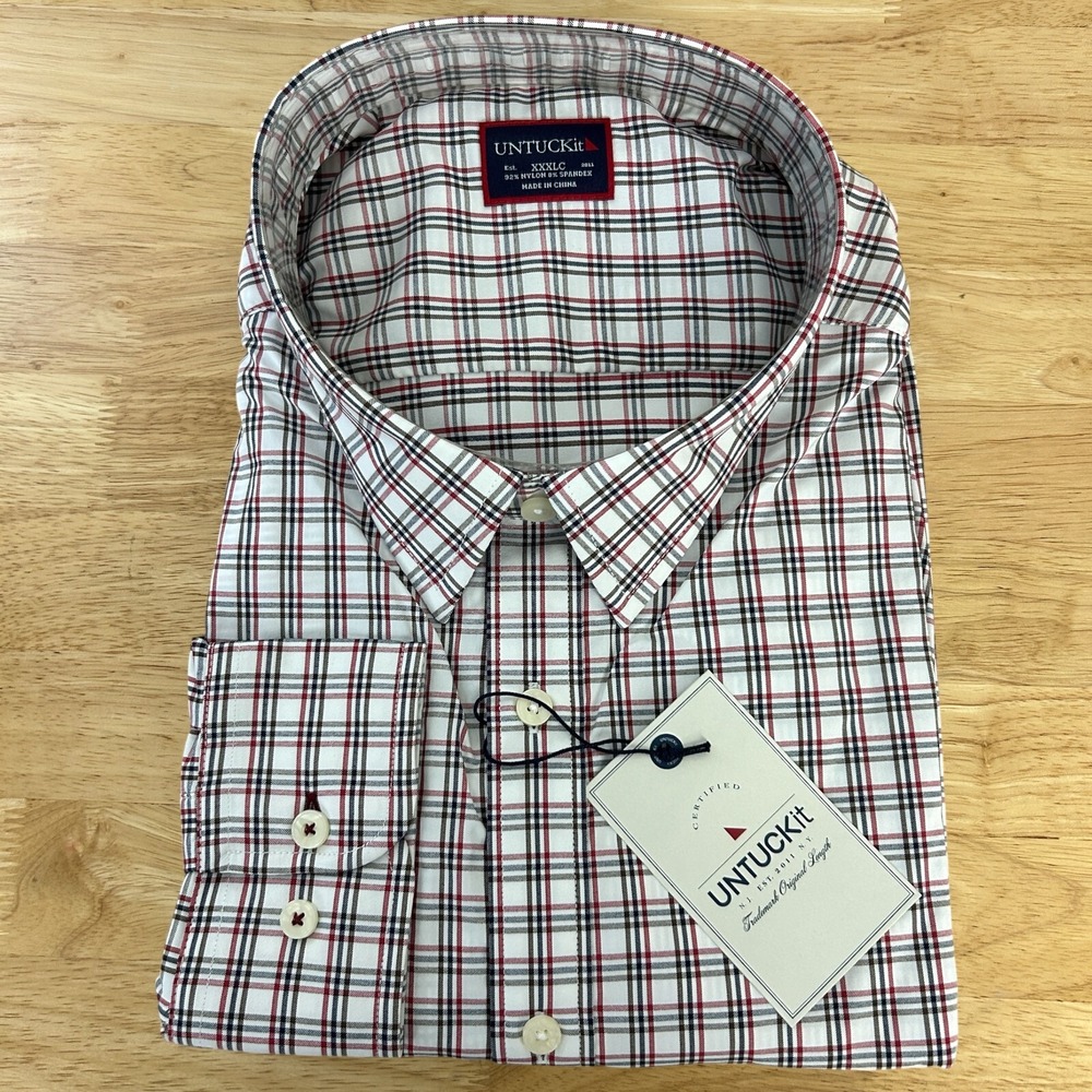 NEW UNTUCKit Mens 3XL Classic Fit PERFORMANCE Nylon Stretch Check Shirt Blue Red